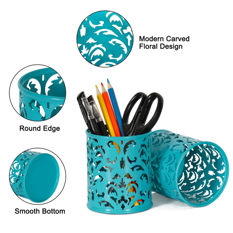 EasyPAG Teal Pen Holder for Desk, 2 Pack Round Pen Organizer, Brush Holder for Vanity, Metal Pencil Cup Organizer for Home, Office, Classroom, School - Image 2